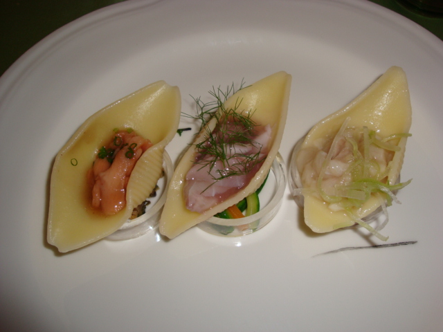 conchiglioni Felicetti in carpione e sashimi di lago