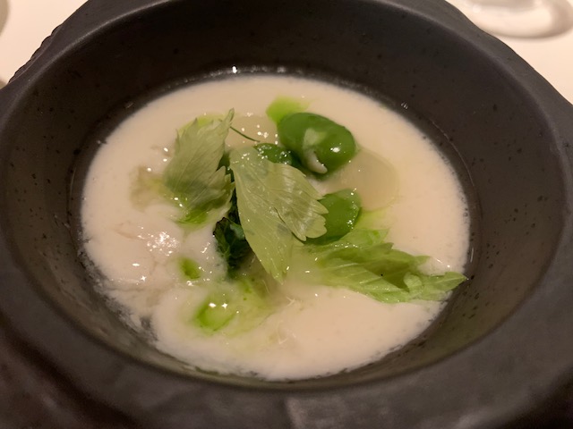 Biancomangiare panna cotta, centrifugato di sedano, gelatina di pera, fave fresche, crescione e sedano